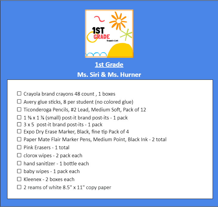 1st Grade School Supply List